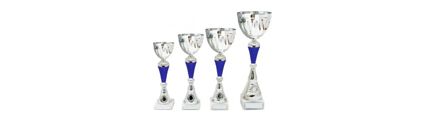 SILVER METAL CUP ON SCULPTED COLOURED RISER AVAILABLE IN 4 SIZES